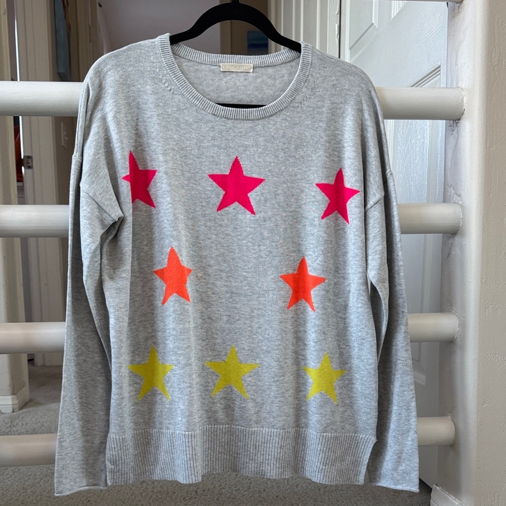 Lisa Todd Gray Sweater with Vibrant Star Accents